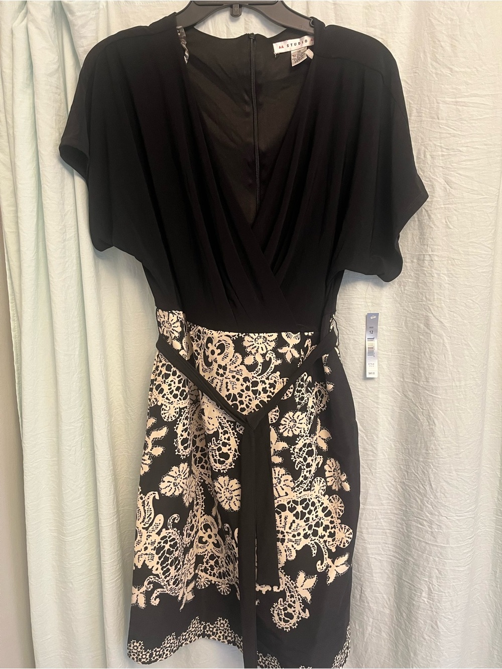 Black Wrap-Top Dress with Cream Floral Skirt
